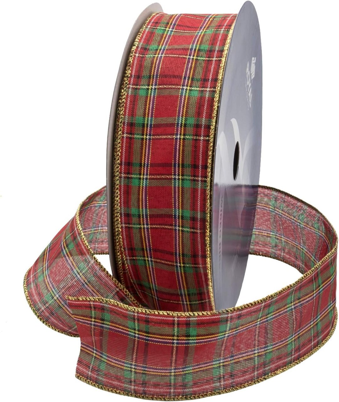 Wired Traditional Clarkston Tartan Plaid Christmas Waterproof Ribbon, Floral & Craft Decor - 2.5" (#40) - 25 Yd (75') - Gold Edge